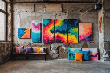 Fototapeta premium Vivid Art Canvas Showcase on Historic Concrete Wall in Creative District