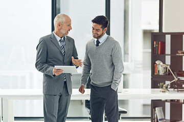 Tablet, mentor and business men in office for consulting, advice and meeting for online project....