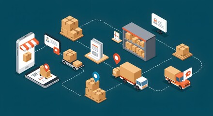 Modern flat-style illustration of online shopping and e-commerce concept &mdash; people buying products using mobile apps and websites, shopping cart, delivery, payment icons, bright colors, clean vector ar