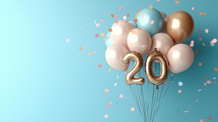 Celebratory '20' foil balloon arrangement with balloons and confetti on a blue background