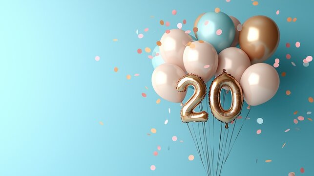 Celebratory '20' foil balloon arrangement with balloons and confetti on a blue background