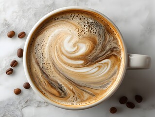 Aromatic coffee latte with beautiful latte art swirls in a white mug next to coffee beans on a marble background.