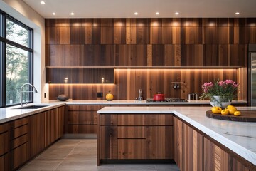Modern Kitchen Design Featuring Contemporary Hickory Wood Wall and Dual Task Lighting