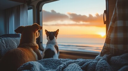 Fototapeta na wymiar A dog and cat peacefully watch a stunning sunset from an RV window, snuggled in a cozy blanket.