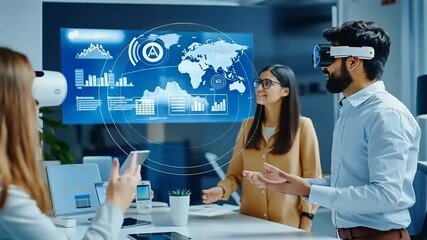 Team explores data with virtual reality headset and digital display at work in a modern office setting - Powered by Adobe
