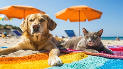 A golden retriever and a gray cat relax on a colorful beach blanket under orange umbrellas, enjoying a sunny day by the beach.