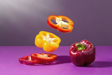 Some sliced peppers in the air