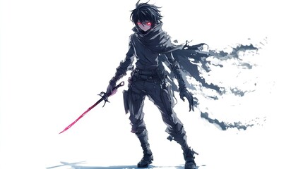 Fototapeta premium Anime boy with red eyes, holding sword.