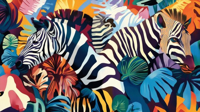 Vibrant Animal Silhouettes in a Stylized Landscape at Sunset Showcasing Colorful Wildlife in an Imaginative Art Piece