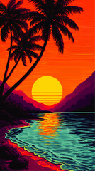 Vibrant Tropical Sunset Vector Illustration with Palm Trees Ocean Waves Sandy Beach Coastal Mountains and Stunning Reflection Ideal for Wallpaper Background or Print