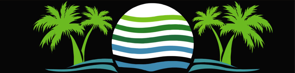 Tropical Beach Vector Design with Green Palm Trees and Abstract Striped Egg Shape Over Blue Waves Ideal for Vacation Summer Island Travel Nature Logo Background Graphic