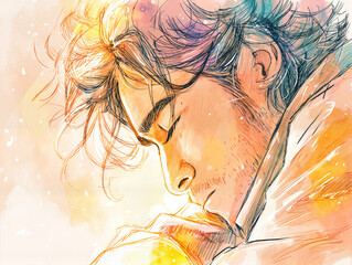 Young man reflecting deeply in a colorful artistic style  