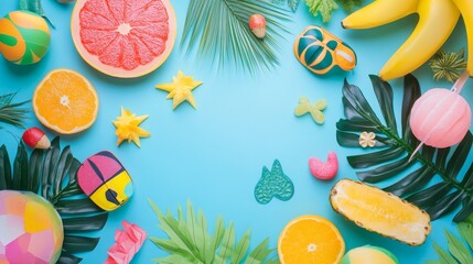 Colorful Tropical Fruits and Decorative Items Arranged on a Vibrant Blue Background, Creating a Lively Summer Vibe Perfect for a Party Setup or a Picnic