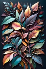  Colorful abstract leaves in digital art style on dark background