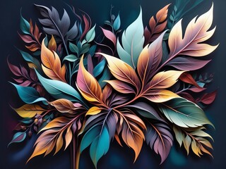  Colorful abstract leaves in digital art style on dark background