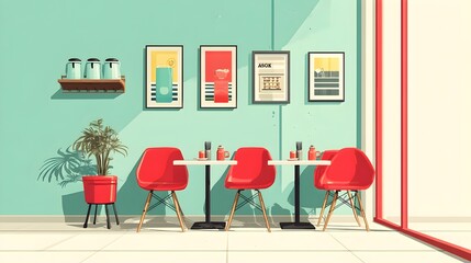A retro-style cafe interior features red chairs and tables near a large window showcasing minimalist artwork and a teal wall.