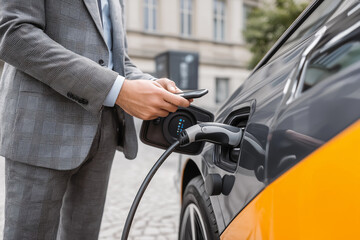 Obraz premium Close-up of Electric Car Charging Port with a Plug Connected to Charging Station, Eco-Friendly Transportation, and Green Technology Symbolizing Sustainable Energy and Clean Mobility