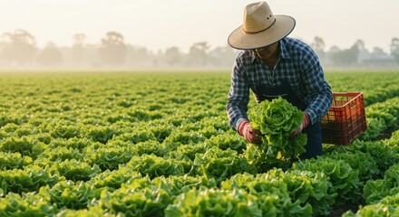 Farmer harvests lettuce in a field wearing a hat and plaid shirt.