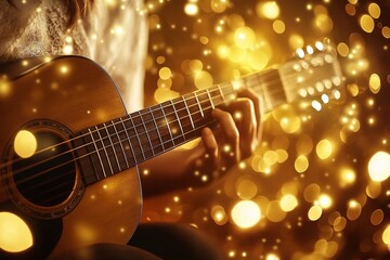 Naklejka premium A musician strums an acoustic guitar amid warm bokeh lights, fostering a welcoming and joyful atmosphere, encapsulating the essence of live music performances and celebrations