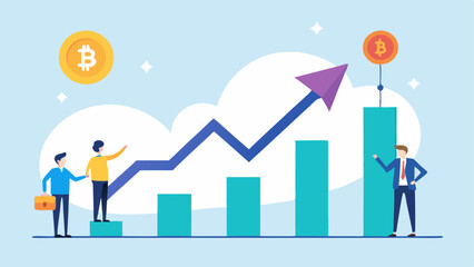 Fototapeta premium Investment Graph An upward trending graph with digital currency symbols soaring while below a group of smaller figures looks on the widening investment gap in digital