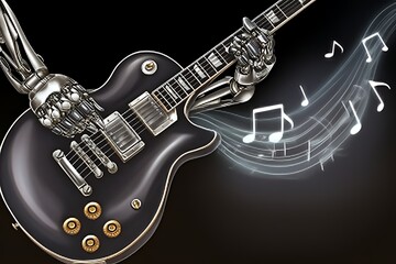 Robotic hand playing electric guitar with musical notes.