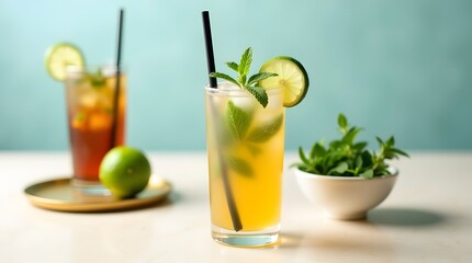 Fototapeta premium Fresh Mint and Lime Infused Cocktails in Tall Glasses