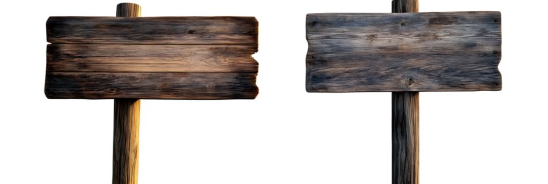 Blank empty wooden rustic signage sign board signpost post wood on transparent background cutout, PNG file. Many assorted different Mockup template for artwork design.