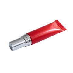 A vibrant red cosmetic tube promises a luxurious self-care ritual, gleaming with a polished silver cap against a clean transparent background 