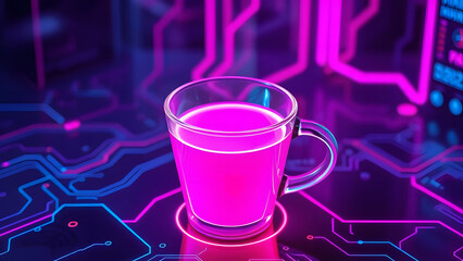 A cyber punk mug sits near an electronic circuit board with a processor and a glass of beer on a table