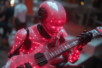 Robotic musician playing guitar in city.