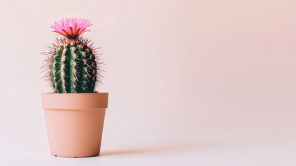 A vibrant cactus with a pink flower, placed in a simple pot, against a soft background, showcasing a blend of nature and minimalism.