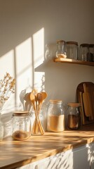 Natural eco kitchen with wood, ceramics and sustainable utensils in soft daylight, no people.