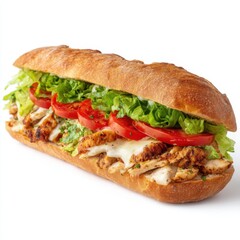 Close up of a baguette sandwich with chicken and fresh vegetables isolated on white background