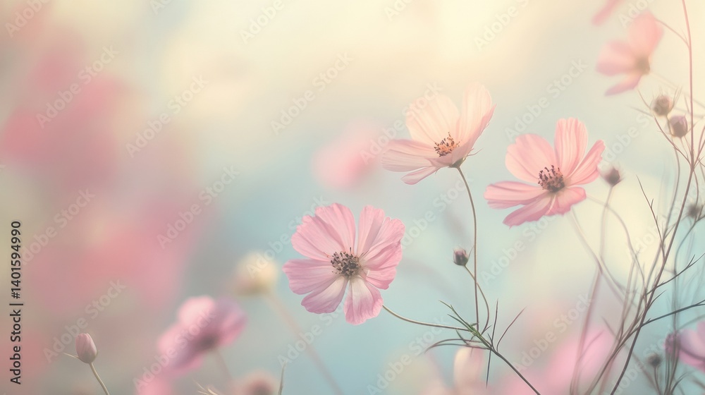 Poster Dreamy pastel flowers create a soft bokeh effect with a calming gradient background in a serene outdoor setting during daytime
