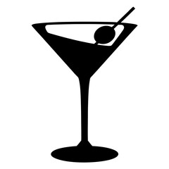 martini glass with olive black silhouette icon - of a soft drinks martini glass with olive simple vector art