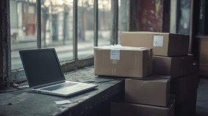 A laptop rests beside stacked cardboard boxes in a derelict, window-filled space. The scene evokes abandonment and forgotten commerce