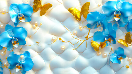 Blue orchids and golden butterflies on a white tufted background art