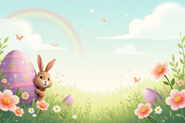 Fototapeta premium A cheerful bunny hides behind a colorful egg in a vibrant spring meadow blooming with flowers and butterflies under a clear blue sky. Generative AI.