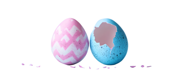 Pink and blue Easter egg split open and cracked in two. Blank space available for text or product.