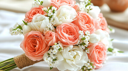 Peach and white wedding bouquet