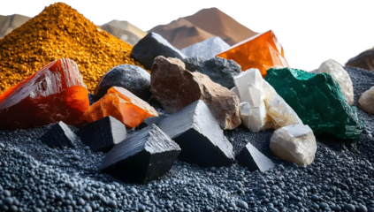 Mixture of various critical minerals and raw materials essential for modern technology, including solar panels, semiconductors, wind turbines, batteries, and transportation. Mine and mining. Copy s...