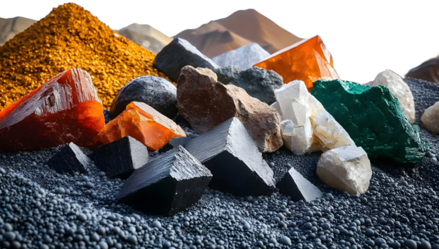 Mixture of various critical minerals and raw materials essential for modern technology, including solar panels, semiconductors, wind turbines, batteries, and transportation. Mine and mining. Copy s...