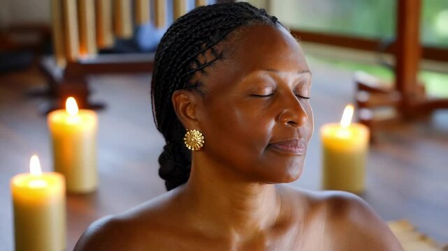A calm moment featuring a Black woman dressed in a strapless top, meditating amid the warm glow of candles in a serene setting
