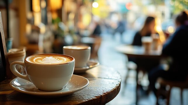 Two coffee cups with latte art on wooden table in bustling cafe