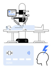 Advanced robotic arms perform surgery on a patient. Includes monitor with health data, chip card, and brain icon with lightning bolt. Ideal for technology, AI, medicine, healthcare, automation