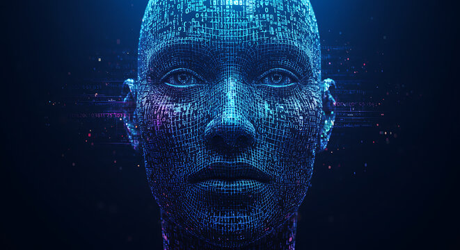 An abstract illustration of a human face built entirely from binary numbers and digital grid lines, symbolizing AI identity. Cool color palette with a techy glow.