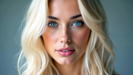 Fototapeta premium A captivating portrait of a young woman with stunningly bright blonde hair and piercing blue eyes, a serene yet confident expression in soft, natural light