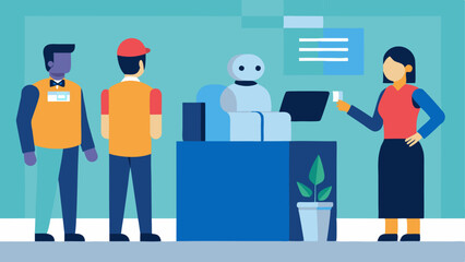 Hospitality Industry Change An showing human staff serving guests in a hotel lobby versus a service robot checking in guests and providing information at a kiosk