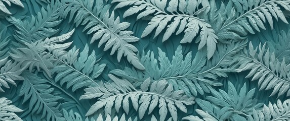 Monochrome   fern leaves pattern on teal background