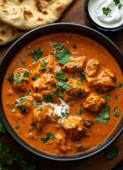 Creamy butter chicken with fresh cilantro, served with naan and a side of cooling yogurt. A vibrant and flavorful Indian dish
